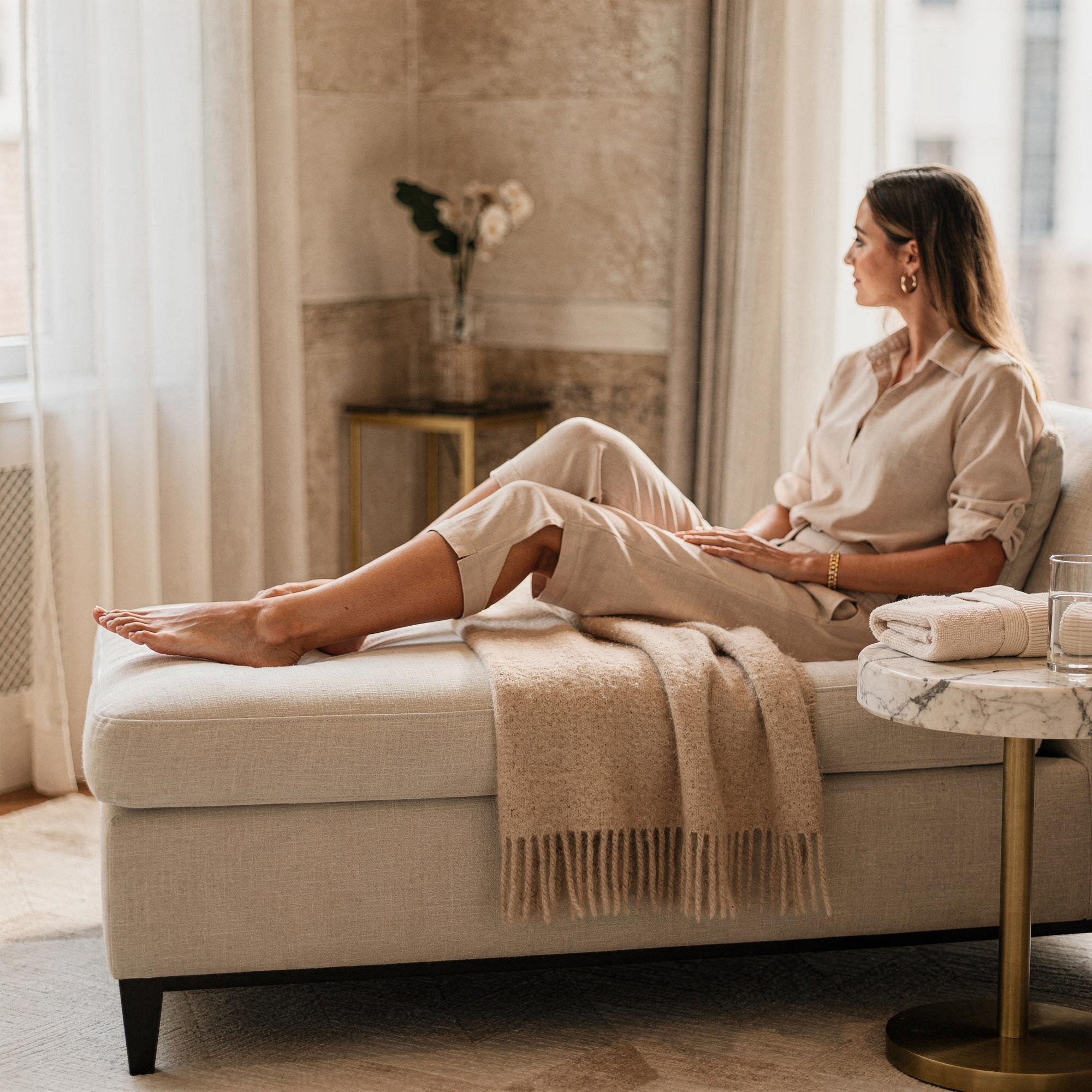 Woman resting on a couch, examining her foot and leg
